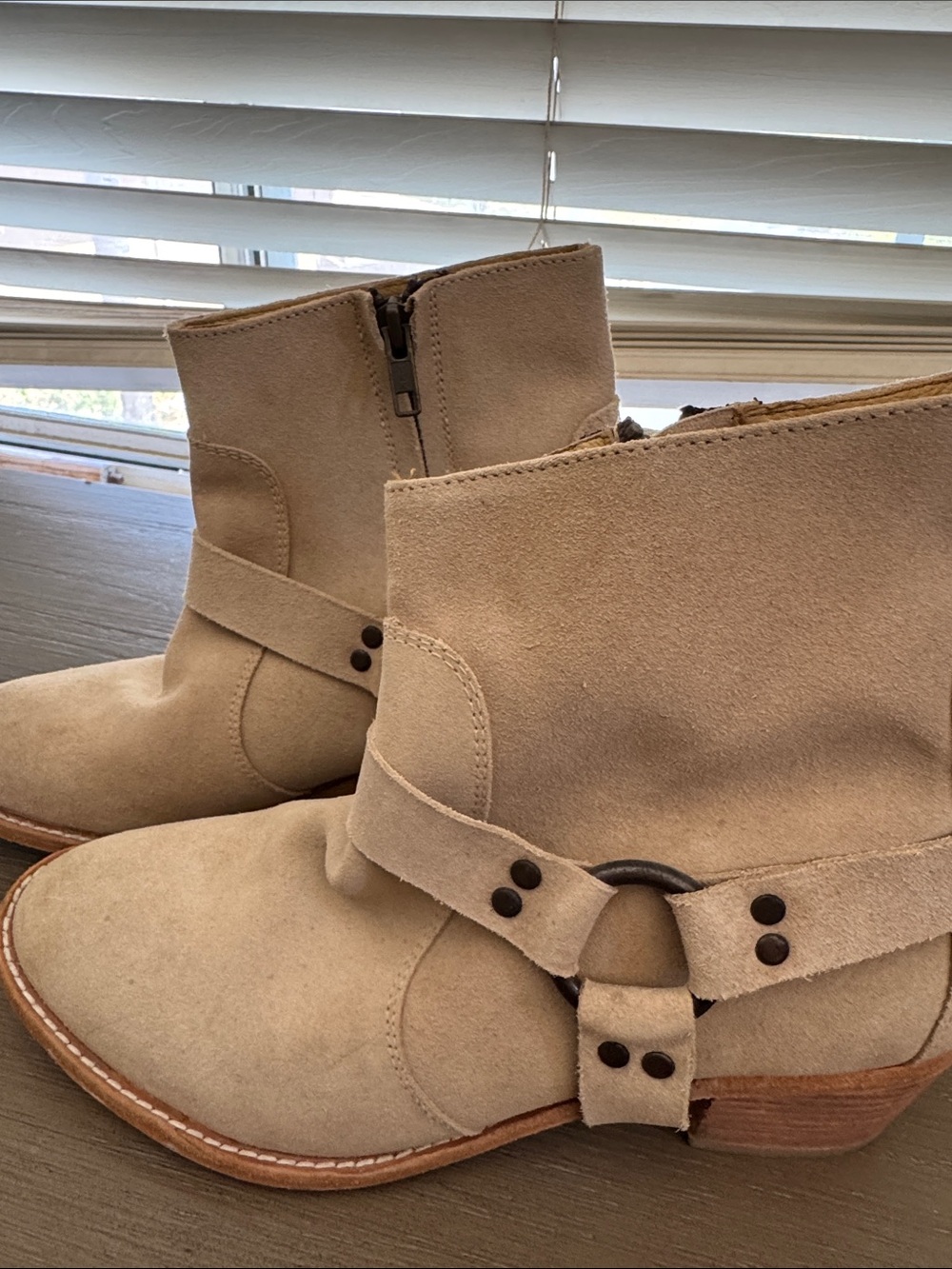 Anthropologie Beige Suede Ankle Booties with Harness Detail